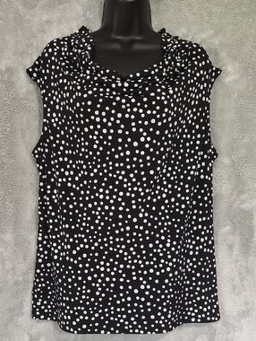 Evan Picone Black and White Polka Dot Sleeveless Cowl Neck Blouse